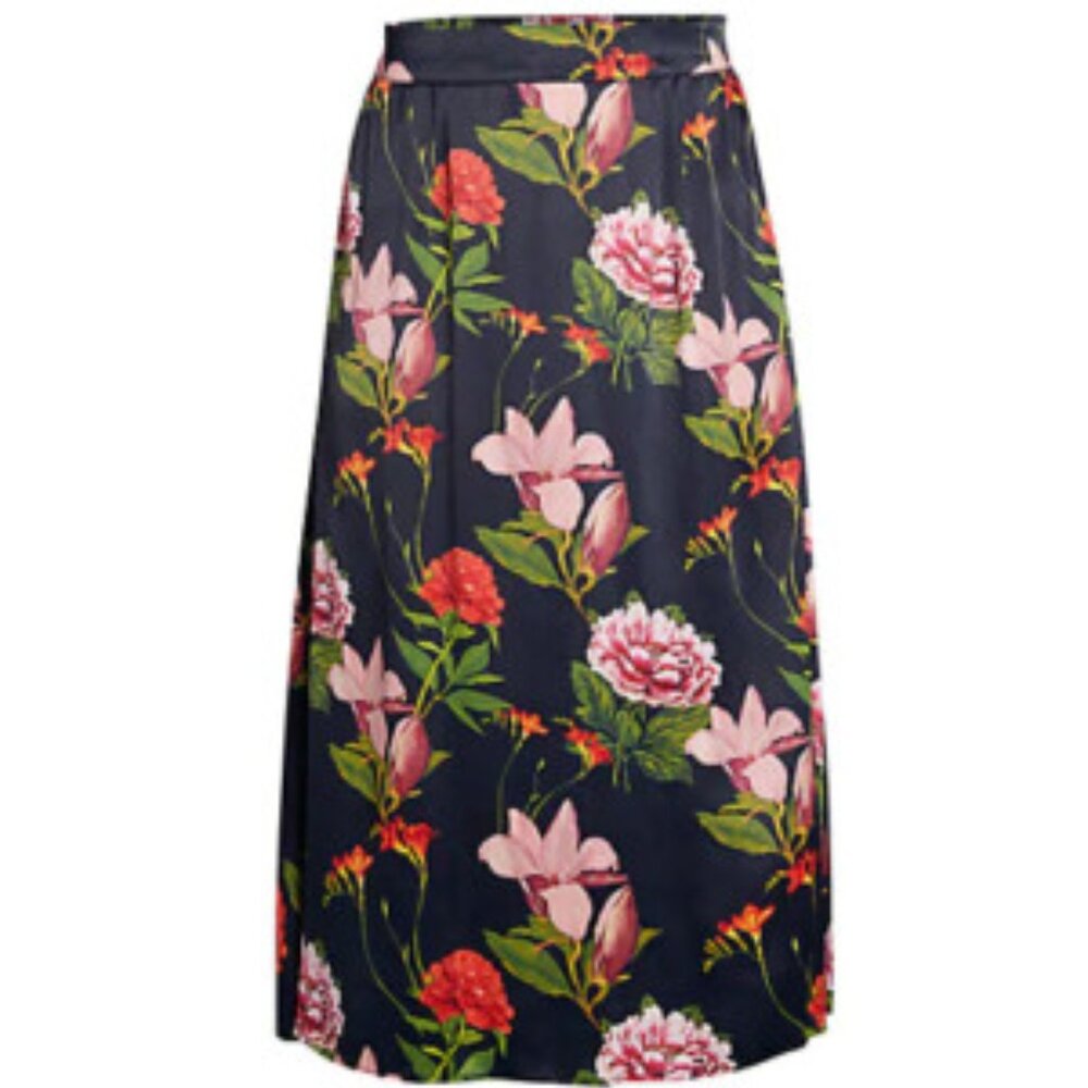 Catherine Malandrino Black Floral Satin Midi Skirt Large
